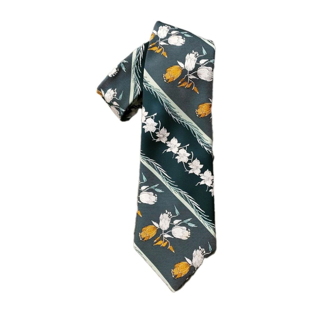 Vintage 1970s Arden Cravats Neck Tie Green Floral 4 inch Wide Retro MCM Classic